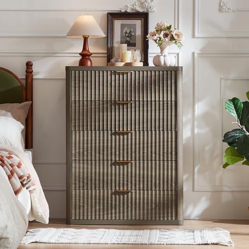 Image of LEYAOYAO Fluted 5 Drawers Dresser Set of 2, 41 inch Tall Modern Chest of Drawers with Metal Handle, Curved Profile Dresser TV Stand, Wooden Drawer Organizer for Bedroom, Living Room, Hallway,Grey