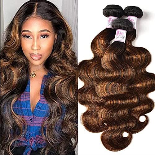 Beauty Forever Brazilian Body Wave Bundles #FB30 Highlight Ombre Balayage 3 Bundles 14 16 18Inch, 10A Virgin Remy Human Hair Extensions Piano Color