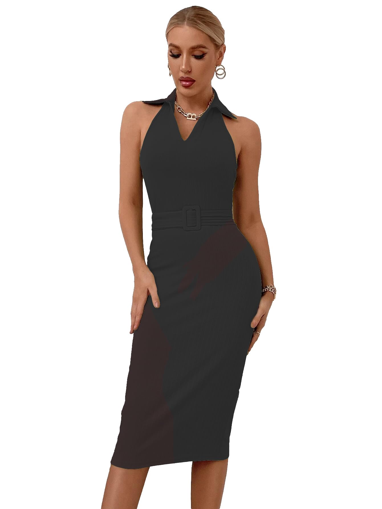 Sugathari Solid Women Black, V-Neck Ribbed Knit Sleeveless Bodycon Dress (Midi 103 Black S)