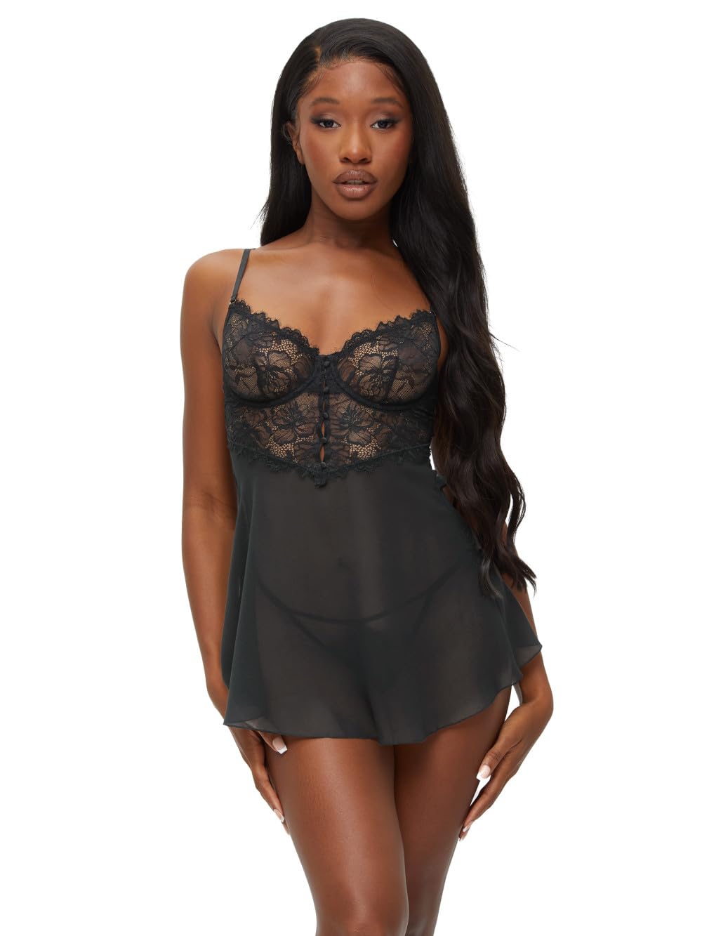 Ann Summers Iris Babydoll Set - Lace Set Matching Pant - Underwired Cups - Womens Lingerie - Womens Nightwear - Wedding Lingerie - Wedding Night Nightwear Black