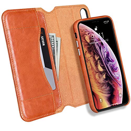 JISONCASE 2-in-1 Folding XS MAX Wallet Case,Genuine Leather Detachable Xs Max Case with Kickstand & Card Holder Flip Case Designed for Apple iPhone Xs Max/10s max,Brown