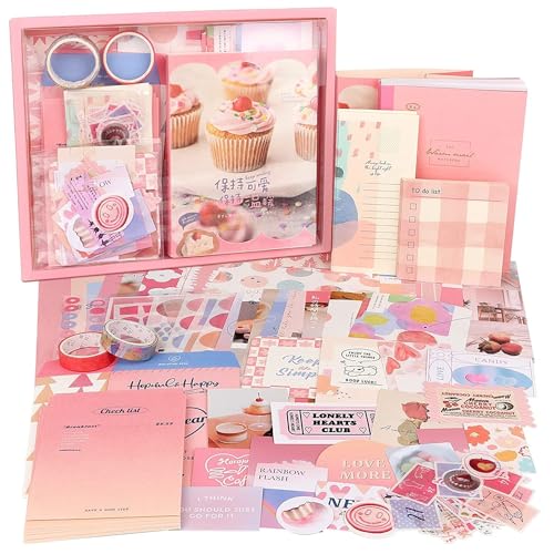 Image of Vintage Aesthetic Scrapbook Kit(346Pcs) Scrapbooking Supplies Kit with Bullet Junk Journal,Stationery,A6 Grid Notebook Journaling Gift for Girl (Pink Scrapbook)
