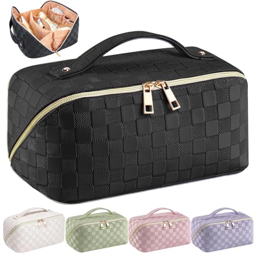 Bolsa de maquillaje portátil para viaje con asa cómoda y separadores internos negro elegante