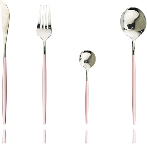 JASHII Juego de 4 cubiertos de acero inoxidable 304 de color rosa y plateado, pulido con espejo, cuchillo, tenedorcuchara, moderno y elegante juego