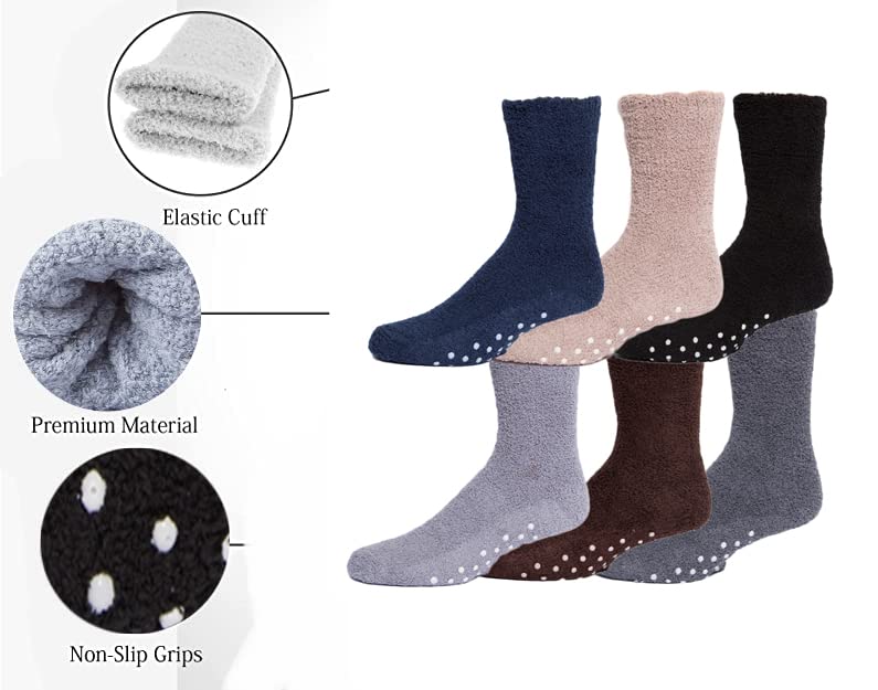 Gilbins Mens Winter Cozy Thick Warm Fuzzy Plush Anti-Slip Grip Hospital Floor Socks 6-Pack4