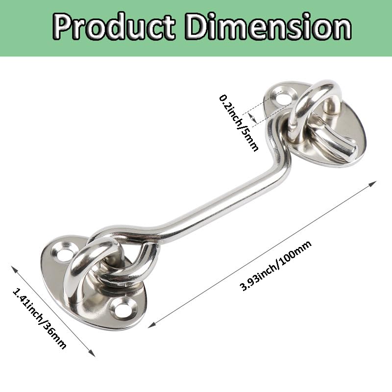 zukent 4inch Stainless Steel Cabin Hook Gate Hook and Eye Latch Sliding Barn Door Latch Lock Heavy Duty Gate Latch with Mounting Screws for Shed Gate or Garage Door Sliding Barn Door Window Fence - Image 2