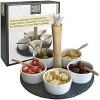 Moritz & Moritz set da 11 pz Serving Set Sesame - vassoio in ardesia con manico in legno ciotole in ceramica cucchiai di bambù - per antipasti e snack
