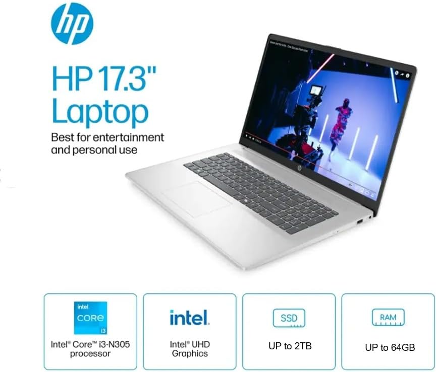 HP 17 Laptop with Intel Core i3-N305 processor, Intel UHD Graphics, SSD up to 2TB, RAM up to 64GB