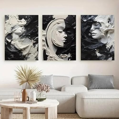 Peinture à l'huile texturée en noir et blanc visage abstrait sur toile x3