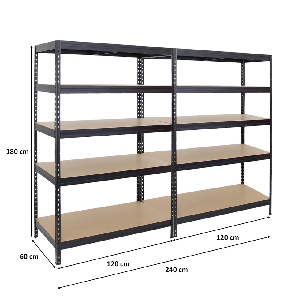 PROREGAL Mega Deal | 2x Scaffale per carichi pesanti Rivet | AxLxP 180x120x60cm | Portata per ripiano 250kg | Nero