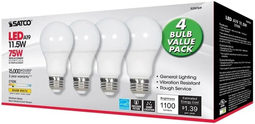 Satco 28769-11.5A19/LED/27K/ND/120V/4PK S28769 A19 A Line Pear LED Light Bulb4