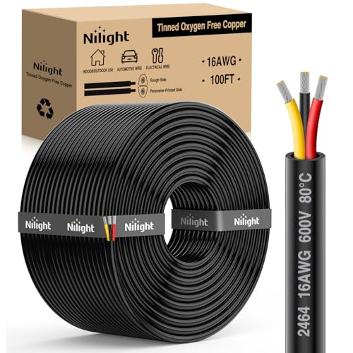 Image of Nilight 100FT 16AWG 3 Conductor Wire Tinned Copper Red Black Yellow | 3 Electrical Wire Tinned Oxygen Free Copper Parallel 600V DC Flexible PVC Case Extension Cords for LED Strip Lamp Lighting