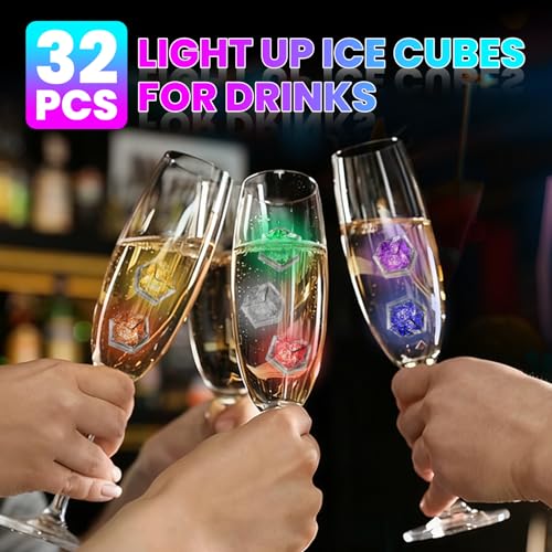 Image of RowinsyDD Light Up Ice Cubes, 32 Pack Multi Color Led Ice Cubes for Drinks