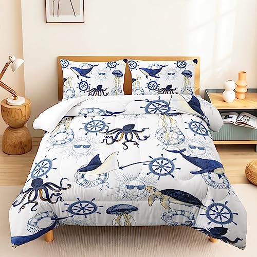 CVHOUSE Coastal Comforter Set Twin Size,Blue Nautical Theme Bedding Set for Kids,Ocean Anchor Quilt Set Turtle Duvet Set Ocean Bedroom Coastal Aqua Decor 3 Pieces