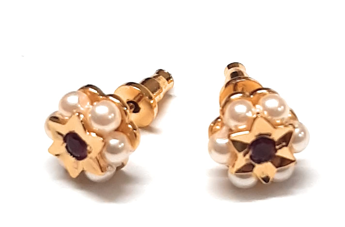 Moteeya Traditional Maharashtrian Chandani (6 artificial pearls+red american diamond star) kudi on gold platted base for women (Small size tops)