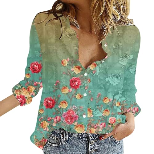 VEMOW Women's Blouse Vintage Floral Print Button Down Shirts Lapel V Neck Roll Up Sleeve Casual Shirts Lightweight Loose Dressy Trendy Blouse Work Office Shirt Tunic Tops(B Green,S)