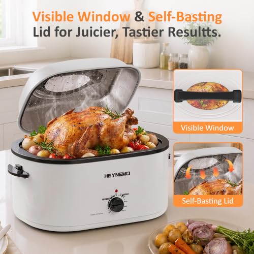 Image of 26Qt Turkey Roaster Oven Buffet with Self-Basting Lid, 1450W Stainless Steel Electric Roaster Oven with Cool-Touch Handles, Removable Pan and Rack, White