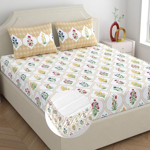 Image of Home Ecstasy 100% Cotton King Fitted Bedsheet with 2 Pillow Covers - (Size 72 x 78 inches, 140 TC, Colour - Beige: Caramel Mist)