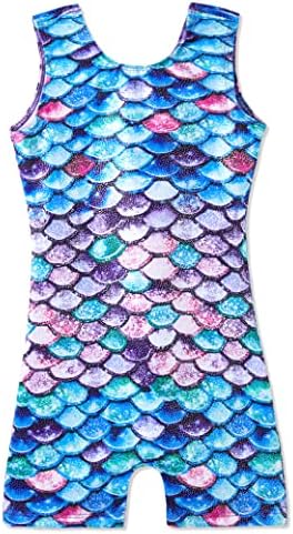 Domusgo Leotards for Girls Gymnastics 4t 5t Shiny Pink Purple One-Piece Sleeveless Mermaid Biketard with Shorts Pro Gym Unitards for Children Swimming Wear