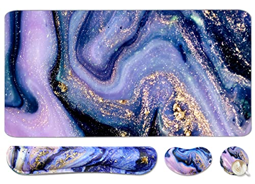 Image of 4-in-1 Large Gaming Mouse Pad, Keyboard Wrist Rest Pad & Wrist Support Mousepad Set, Extended Desk Pad Waterproof Desk Mat for Home Office Study Game - Purple Marble