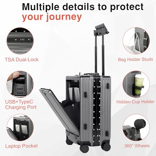 Carry On Luggage 22x14x9 Airline Approved Aluminum Frame, 20 Inch Hard Shell Carry On Luggage, Suitcase Carry-on Zipperless Luggage, TSA Approved (Grey)4