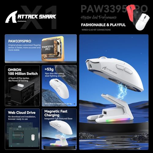 Image of ATTACK SHARK X1 Superlight Wireless Gaming Mouse with RGB Magnetic Charging Dock, BT /2.4G Wireless /Wired Gaming Mouse, PAW3395PRO Gaming Sensor, 40000DPI, 53g Office Mice for PC /Mac /Win /Xbox (White)