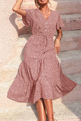 PRETTYGARDEN Summer Floral Dress for Women 2025 Casual Boho Short Sleeve Maxi Dresses V Neck Tiered Flowy Beach Sundress