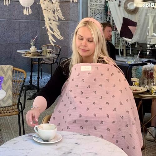 Image of Nursing Cover for Baby Breastfeeding & Pumping | Multi Use Car Seat Stroller Cover | Breathable Soft Muslin Cotton | Breast Feeding Apron & Shawl by TISU (Dusty Pink Rainbow)