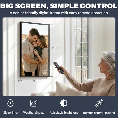 Image of 32 inch Large Digital Picture Frame, 64GB, Anti-Glare Non-Touch, WiFi Wall-Mount Frame for Home /Business, 1920x1080 FHD, Share via App, Email, USB & Micro SD, Remote Included, Black