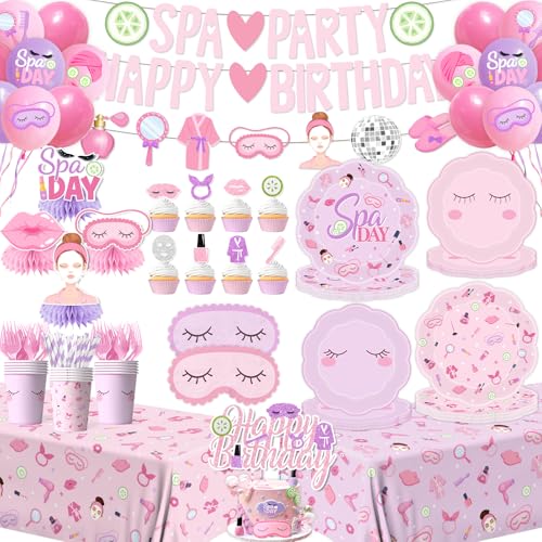 Spa Party Supplies for Girls - 191Pcs Pink Sleepover Makeup Themed Banner Tableware Balloons Set Spa Birthday Party Decorations for Women