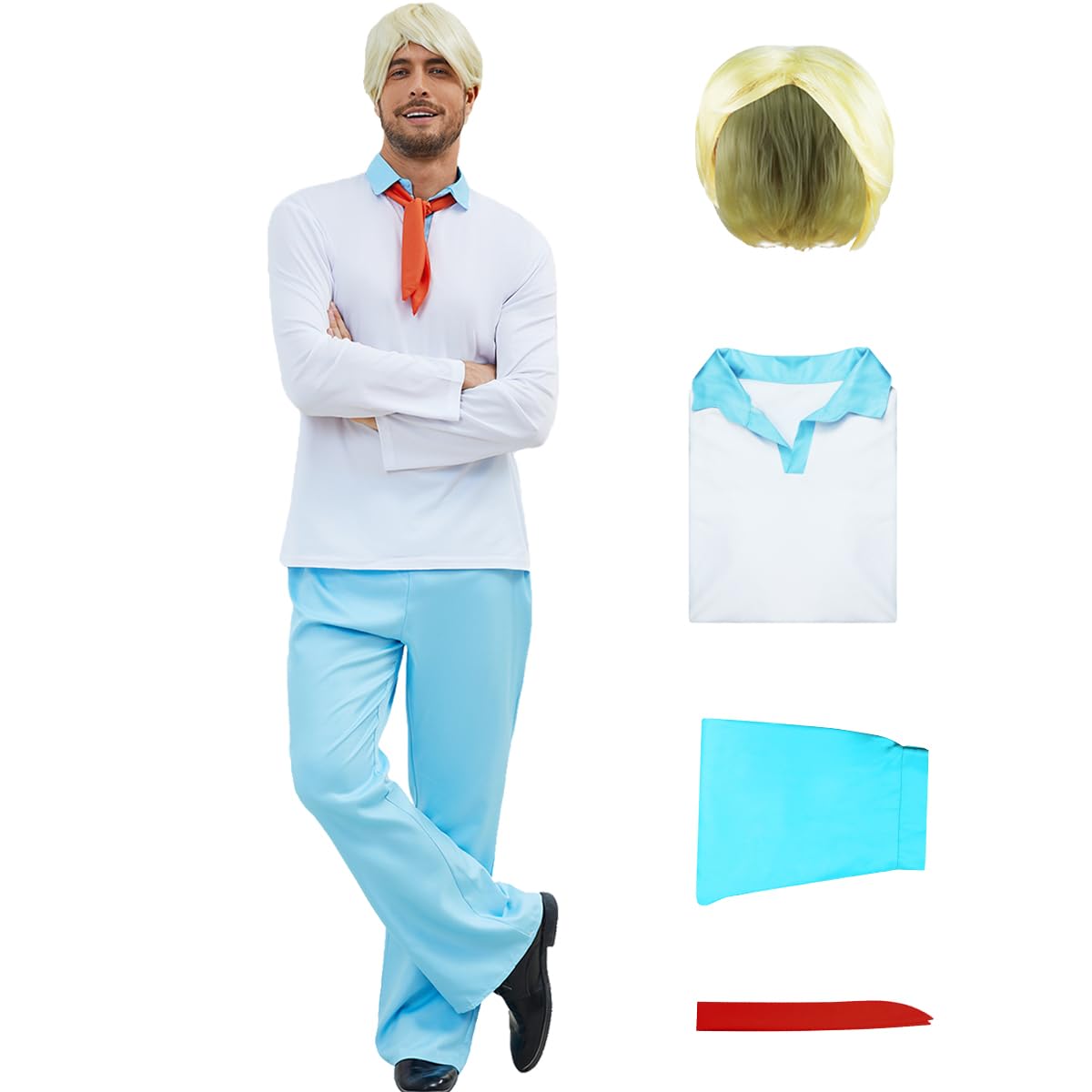 Halloween Costume Wig Mens Shirt Pants Set Classic Movie Character Cosplay Outfits Halloween Fancy Dress Suit 2XL