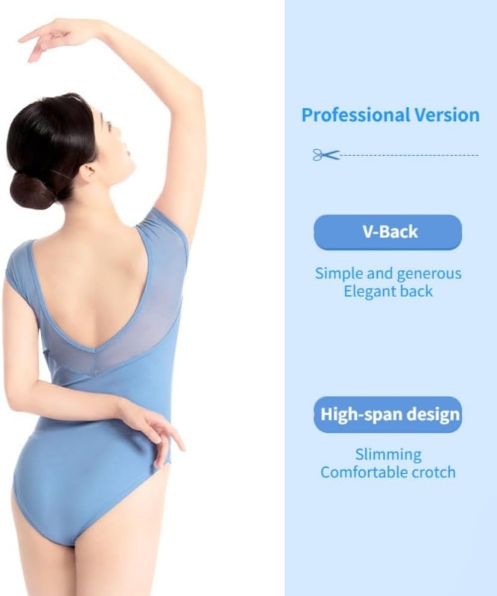 Maillot de ballet para mujer con espalda hueca de malla con cuello en V
