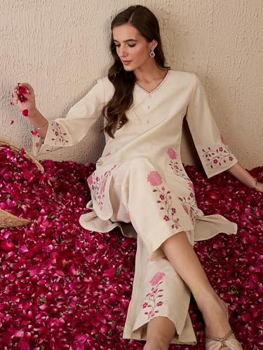 Image of INDO ERA Women's Pure Cotton Embroidered Straight Kurta & Palazzo Set | cotton kurta sets for women