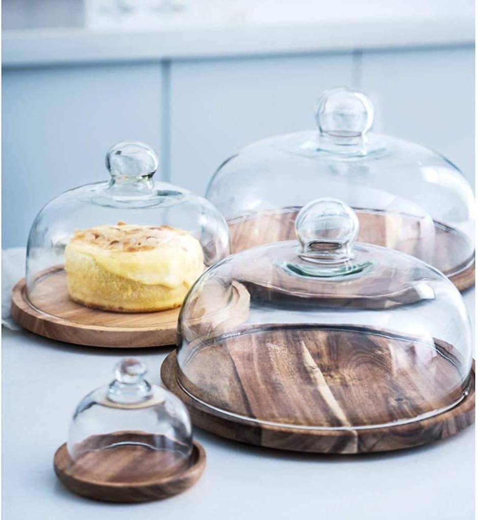 Solid Wood Cake Display Stand and Glass Dome Family Hotel Restaurant Sandwich Bread Dessert Tasting Plate Fruit Decorative Serving Tray (Size : 28.2cm) (28.2cm) image 2