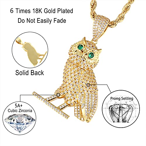 Full Iced Out Owl Pendant 18K Gold/White Gold Plated Hip Hop Fashion Simulated Diamond CZ Pendant with Stainless Steel Rope Chain Necklace for Men Women3