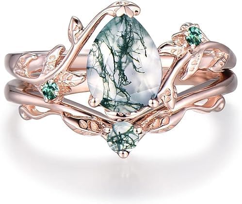 RareCreations Natural Moss Agate Gemstone Genuine 925 Sterling Silver Ring for Women Pear Cut Women's Ring Set for Engagement Silver 925 Jewelry