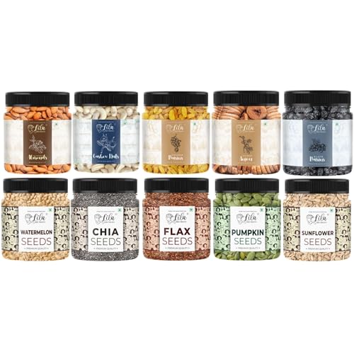 Image of LILA DRY FRUITS Daily Nutrition Power Combo 10 in 1 (100g x 10) Dry Fruits & Seeds Mix Almonds Cashew Raisins Anjeer Chia Flax Pumpkin Sunflower Watermelon Healthy Snack Combo Pack Perfect for Gifting