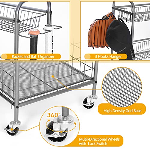 Image of Kinghouse Rolling Sports Equipment Organizer with Wheels, Garage Ball Storage Rack for Basketball, Toys, for Garage, Indoor, Gym, Outdoo, Includes Metal Storage Bin, Bat Holder, Hooks