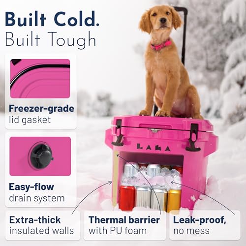 Image of Laka Cooler with Wheels - 30QT Rotomolded Insulated Rolling Hard Cooler, Telescoping Handle, Holds 24 Cans + Ice, Up to 7 Days Cold, Drain Plug, Cup Holders + Bottle Opener, Beach /Camping /Boat
