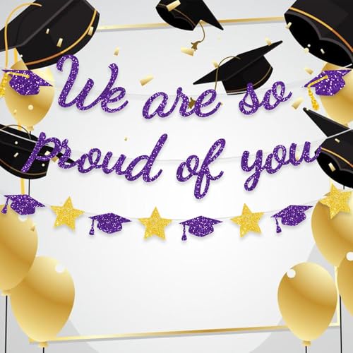 Image of We Are So Proud Of You Banner Graduation Party Decorations Glitter Congratulations Class Grad Ideas Purple Gold
