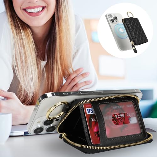 Image of Compatible with MagSafe Wallet,Magnetic Phone Wallet Card Holder for iPhone 17 /16 Pro Max /15 Pro /14 Plus /13 /12 Series,PU Leather Zipper Pocket Adjustable Stand-Black