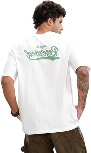 WROGN Men's 100% Cotton T-Shirt | Striped Puff Print Design | Oversized Fit