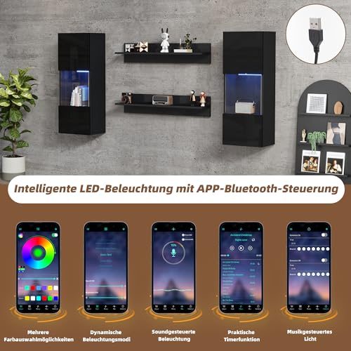 Merax Wohnwand 4-Teilig Set, Wohnwand Komplett-Set in Schwarz Hochglanz, LED-Wandschrank und 2 Regale, Vitrinen aus gehärtetem Glas, Moderne Anbauwand Schrankwand mit viel Stauraum für Ihr Wohnzimmer – Bild 8
