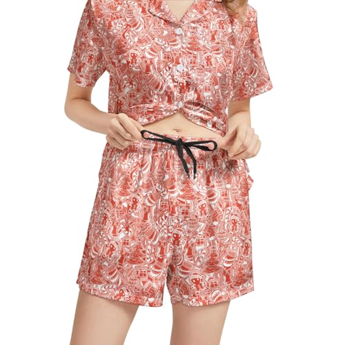 Image of Funny Pajamas for Women Set Print Satin Loungewear Pjs Short Sleeve Button Down Top and Shorts Sets Sleepwear XS-3XL
