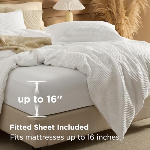 Image of Bedsure 100% Cotton Waffle Duvet Cover Set with Fitted Sheet, Queen, White | Waffle Texture, Breathable, Skin-Friendly, OEKO-TEX Certified, Good Housekeeping Seal, All-Season, Machine Washable