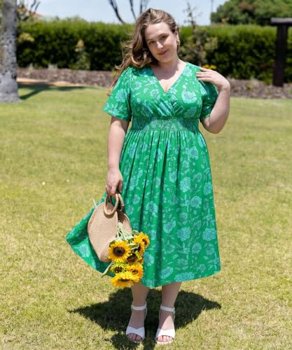 Image of CARCOS Plus Size Dresses for Curvy Women V Neck Summer Maxi Dress Short Sleeve Floral Boho Dress Smocked Waist Beach Dress