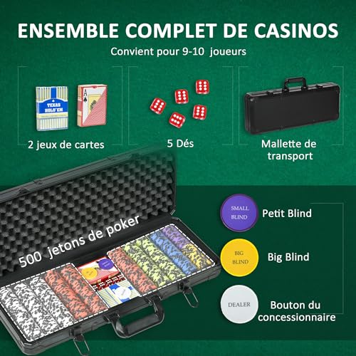 SPORTNOW Pełna walizka do pokera z 500 żetonami 5 kośćmi 2 zestawami karcianymi z 3 przyciskami Texas Holdem, karty pokerowe, przycisk dealera