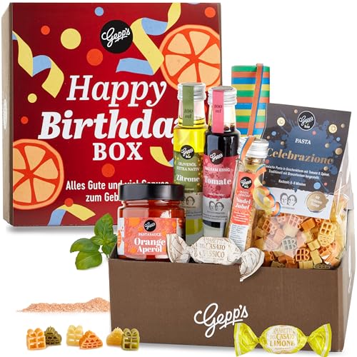 Gepp’s Feinkost Happy Birthday Geschenkkorb I Geschenkidee zum Geburtstag I Geschenkbox gefüllt mit italienischer Pasta, Pralinen, Luftschlangen, usw. I Geburtstagsgeschenk für Frau und Mann