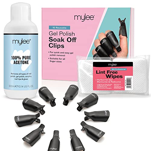 Mylee Ensemble Dissolvant Vernis Semi-Permanent - Acétone Pure 300ml + 100 Lingettes Non Pelucheuses + 10 Pinces Ongles - Dissolvant Vernis Gel, Lingettes, Clips...