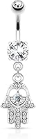 Vista 1 de Pierced Owl - Anillo de ombligo colgante de mano Hamsa de cristal CZ de acero inoxidable 14GA